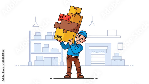 Burden of Delivery: An illustration capturing a diligent worker struggling to manage a stack of delivery boxes, epitomizing the daily hustle of delivery services. 