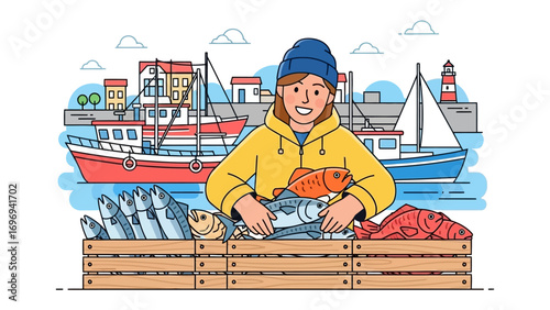 Harbor Fisherman Displaying Fresh Catch: A vibrant, illustration captures the essence of a fisherman at work, surrounded by crates brimming with the day's fresh catch at the bustling harbor.