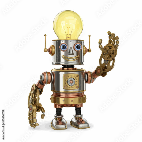 Steampunk robot with lightbulb head offers a friendly greeting with innovative ideas and concepts