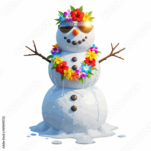 Summer snowman enjoying sunshine with sunglasses and vibrant floral lei, tropical vibes