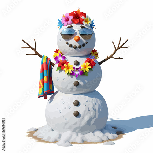 Summer Snowman with sunglasses and floral lei enjoying the beach vacation vibes