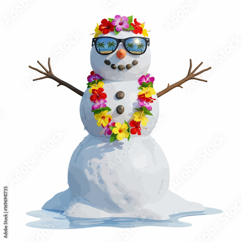 Snowman in sunglasses enjoying summer vacation with floral lei and tropical beach reflection
