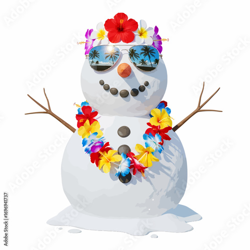 Snowman enjoying summer vibes with sunglasses, flowers, and a lei, perfect for vacation fun!