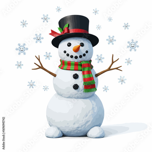 Festive snowman with top hat and scarf, surrounded by happy smiling snowflakes, perfect for holiday joy