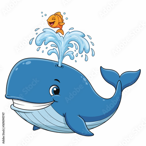 Happy cartoon whale spouting water with friendly goldfish, fun for kids and education projects