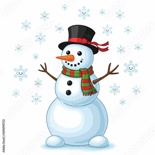 Friendly snowman with top hat and scarf surrounded by cheerful, smiling snowflakes