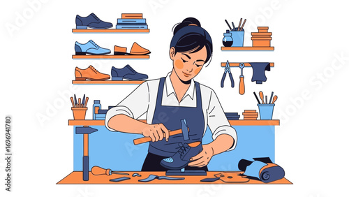 Shoemaker at Work: A skilled shoemaker meticulously crafts a pair of elegant shoes in her workshop, a true testament to craftsmanship and tradition. 