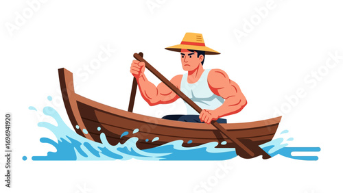 Strength on the Water: A determined rower navigates a traditional boat, the strokes powerful, the silhouette etched against a stylized aquatic backdrop.