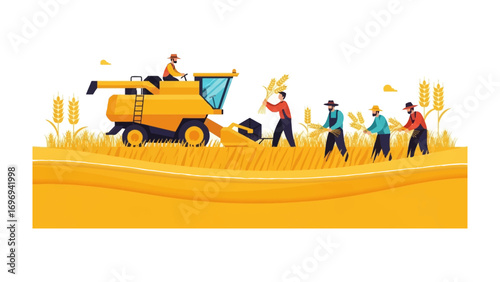 Harvesting Harmony: A dynamic scene captures the essence of harvest time. The image showcases the collaborative spirit of rural life as farmers work together.