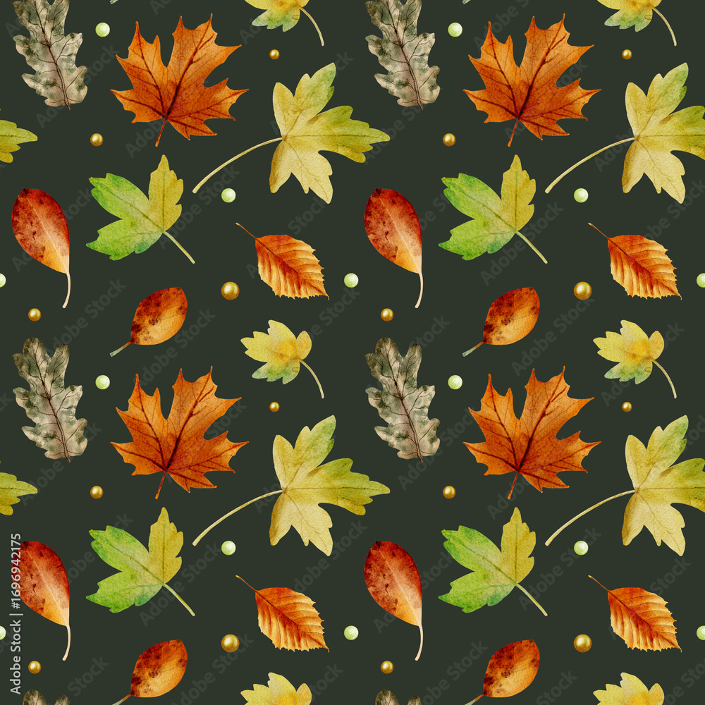 Obraz premium Watercolor autumn leaves seamless pattern. Hand painted plant illustration. Autumn botanical background 