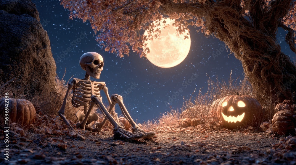Naklejka premium Skeleton Sitting with Jack-O'-Lantern Under Moonlight