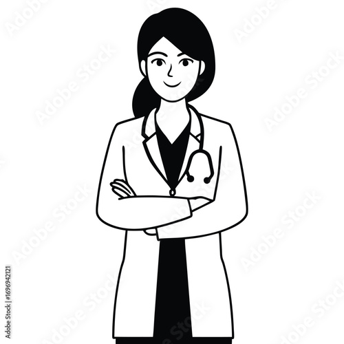 Female doctor standing with folded arms on white background