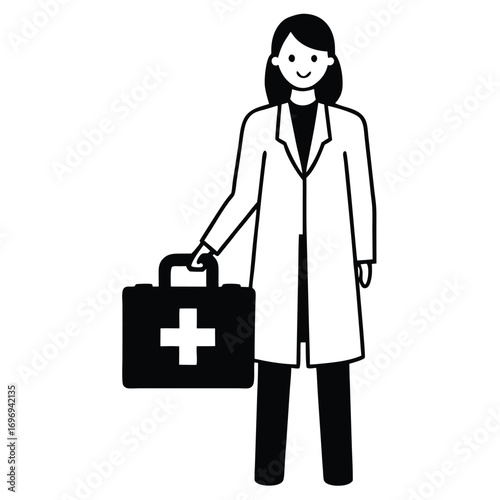Female doctor standing with first aid kit on white background