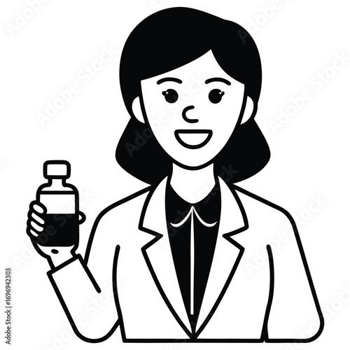 Female doctor smiling and holding vaccine bottle