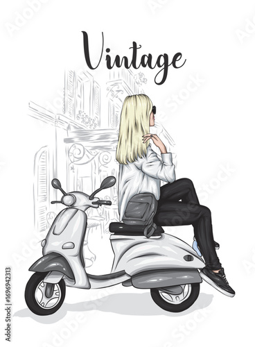 Beautiful girl and a cool motorcycle. Biker. Stylish woman. Fashion and style, clothes and accessories. Vector illustration for a card or poster. 
