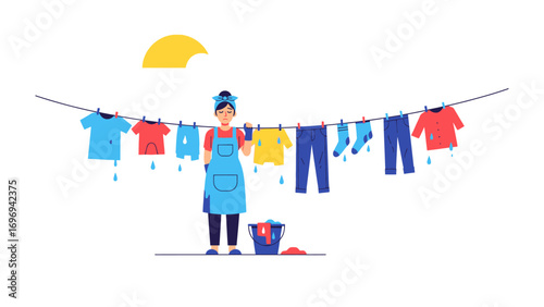 Daylight Laundry: A diligent woman diligently hangs clothes, displaying an emblem of everyday life, her focus on the line of clean laundry illuminated by the summer sun.
