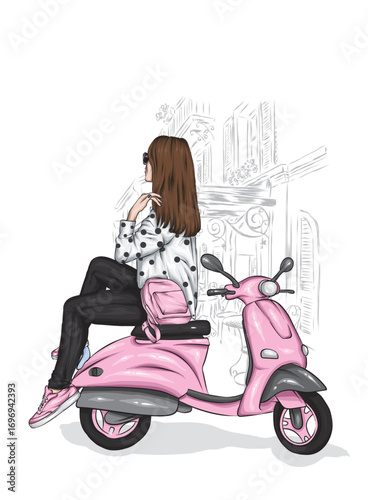 Beautiful girl and a cool motorcycle. Biker. Stylish woman. Fashion and style, clothes and accessories. Vector illustration for a card or poster. 