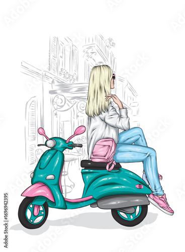 Beautiful girl and a cool motorcycle. Biker. Stylish woman. Fashion and style, clothes and accessories. Vector illustration for a card or poster. 