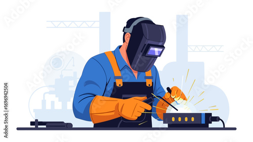 Welder at Work: In this scene, a skilled welder focuses intently on the task at hand, expertly maneuvering tools amidst the sparks of their craft, highlighting precision and industrial artistry.