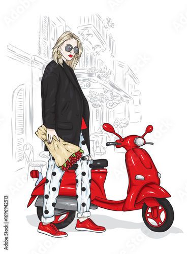 Beautiful girl and a cool motorcycle. Biker. Stylish woman. Fashion and style, clothes and accessories. Vector illustration for a card or poster. 