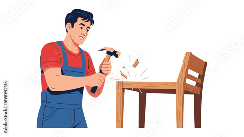 Oops! Design Disaster: A carpenter, engrossed in his craft, hammers away at a wooden chair, creating a whimsical yet chaotic visual of building gone awry.