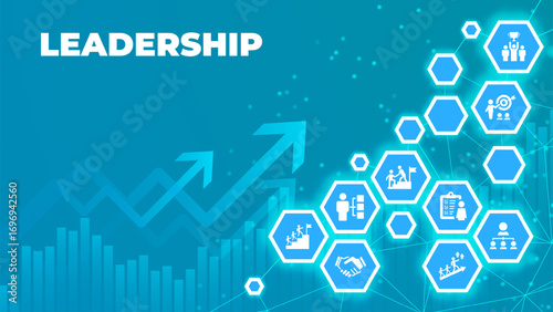 Leadership vector illustration. Banner with icons related to corporate company management.