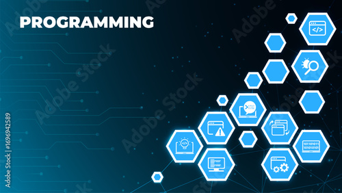 programming or software engineering vector illustration. Blue concept related to html coding, beta testing an application, software design and development process, implementation and verification.