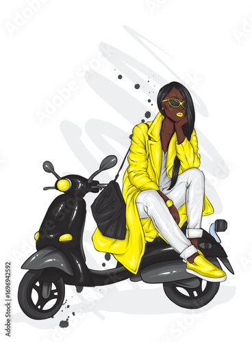 Beautiful girl and a cool motorcycle. Biker. Stylish woman. Fashion and style, clothes and accessories. Vector illustration for a card or poster. 