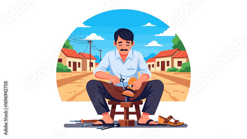 Craftsman at Work: A focused craftsman meticulously works on footwear. surrounded by tools of his trade, creating a unique blend of artisan expertise.