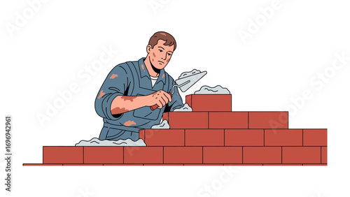 Construction Worker at Work: A skilled construction worker meticulously laying brick to build solid wall. The scene emphasizes construction process.