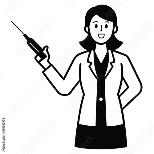 Female doctor showing injection vaccine on white background