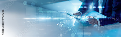 Tableau sur toile Businessman analysis blockchain technology and cryptographic systems, distribute