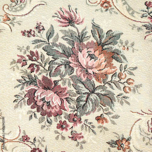 Seamless old-fashioned floral pattern on a tapestry fabric texture biege background old retro fashion closeup