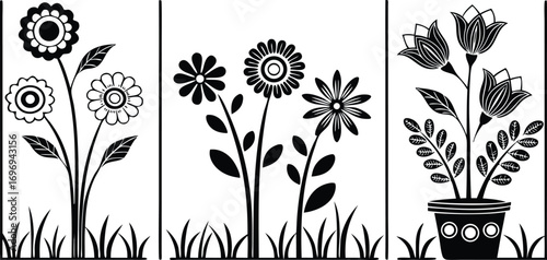 Black flower vector set feature abstract floral design silhouettes, and geometric patterns. Ideal for decoration, logos, and design projects. Includes minimalist botanical elements for creative illust