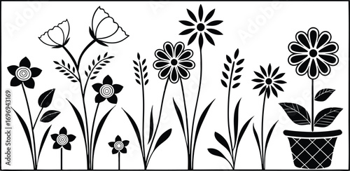 Black flower vector set feature abstract floral design silhouettes, and geometric patterns. Ideal for decoration, logos, and design projects. Includes minimalist botanical elements for creative illust