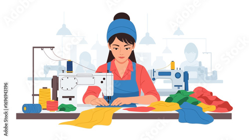 Woman at the Sewing Machine: A focused seamstress works meticulously at her sewing machine, surrounded by a vibrant array of colorful fabric.