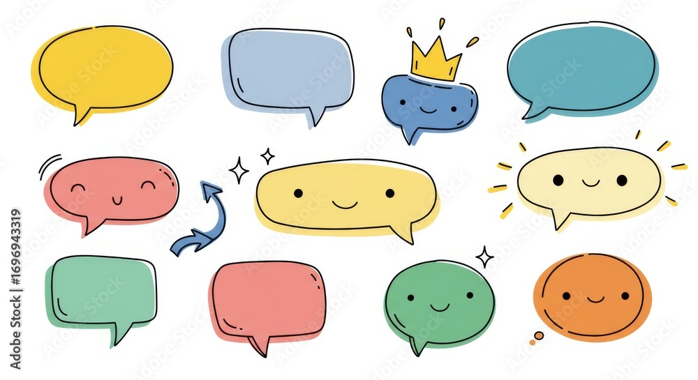 Fototapeta premium Set of Doodle Speech Bubble Vector with Contemporary Figures, Arrows, Sparkles, and Crowns, Cartoon Comic Chat Design Elements for Banner, Print, and Sticker Illustration