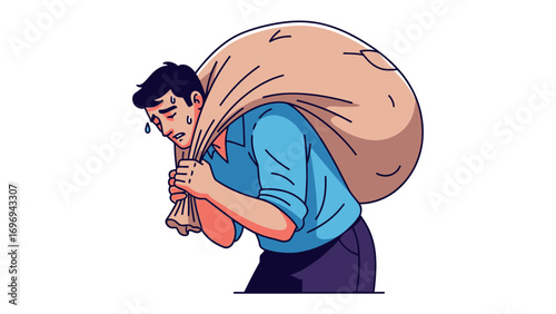 Burdened: A single individual grapples with the weight of responsibility, depicted carrying a heavy sack symbolizing the struggle of carrying something heavy.
