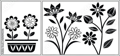 Black flower vector set feature abstract floral design silhouettes, and geometric patterns. Ideal for decoration, logos, and design projects. Includes minimalist botanical elements for creative illust