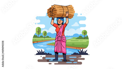 Harvesting Hope: A resilient woman carries a bundle of hay on her head, embodying the spirit of hard work and rural life, set against the backdrop of a serene river landscape.