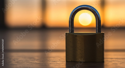 Golden padlock silhouette at sunrise symbolizing digital security, data protection, and the promise of a secure future for privacy and information