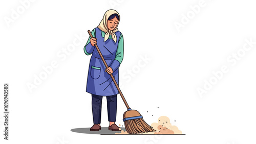 Dedicated Cleaning: Capturing an illustration of a woman diligently sweeping. with focus and purpose, portraying a woman engaged in cleaning.