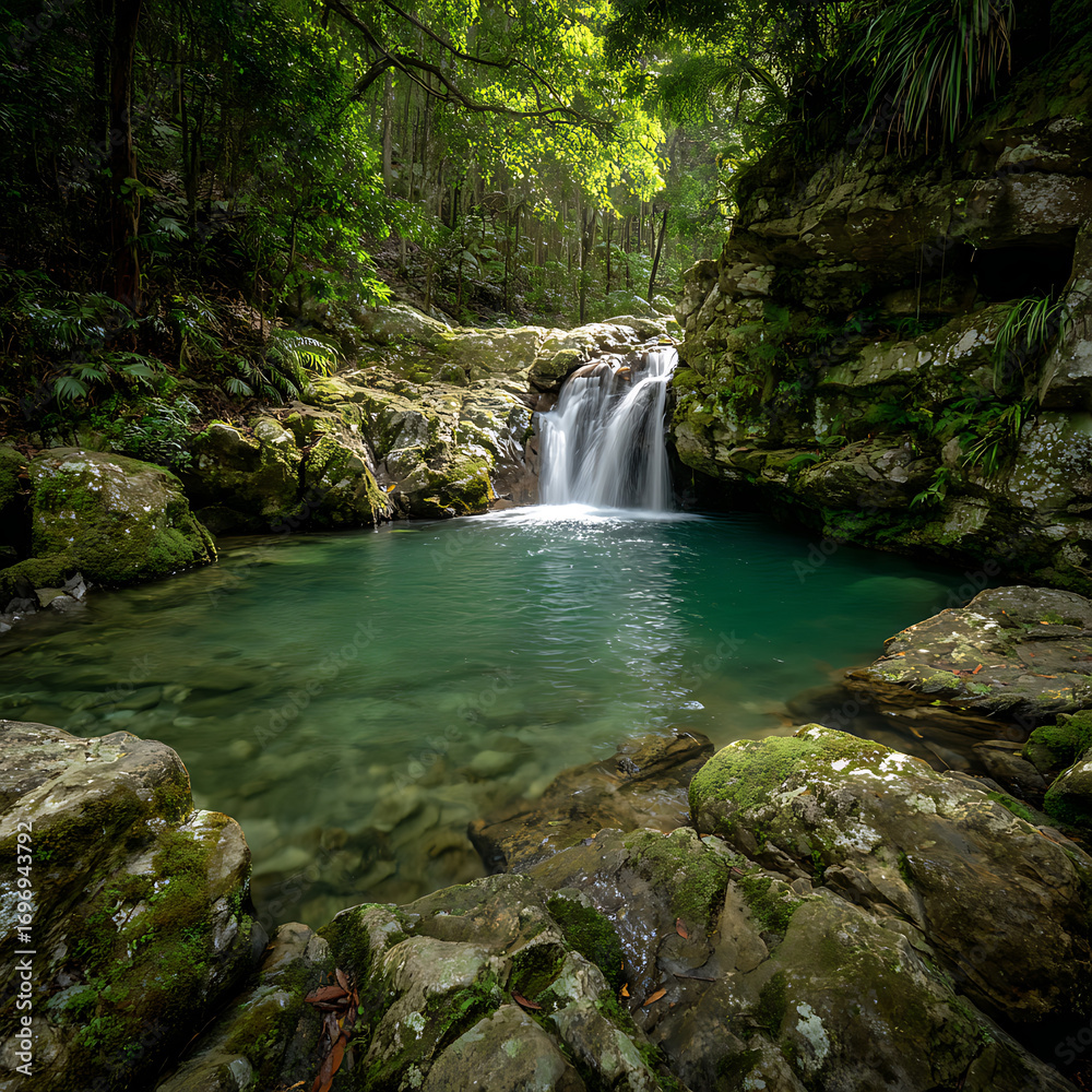 Fototapeta premium Tranquil waterfall cascading into a turquoise pool in a lush forest