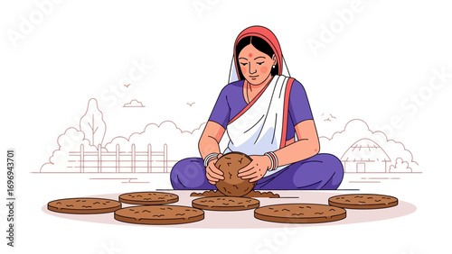 Village Woman Making Cow Dung Cakes: An illustration of a woman in traditional attire meticulously crafting cow dung cakes, reflecting a glimpse into traditional village life and practices.