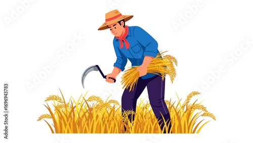 Farmer Harvesting: A farmer diligently harvests golden wheat crops with a sickle, showcasing traditional agricultural practices against a simple backdrop. 