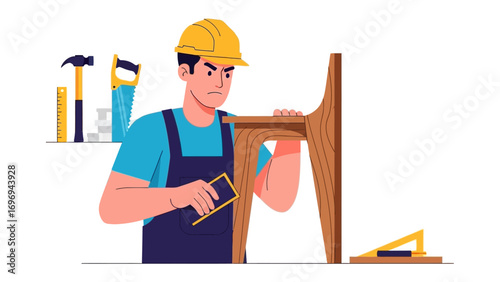 Crafting Furniture: An artisan meticulously crafts a wooden chair with focus and precision, utilizing essential tools of the trade. 