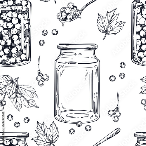 Seamless vector pattern from blanks, jam in jars, viburnum berries, leaves, spoons with jam. All objects are hand-drawn with ink. Illustration is suitable for printing on paper, fabric, for design.