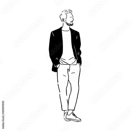 Full body sketch of a bearded man wearing a blazer and casual pants with his hands in his pockets looking away