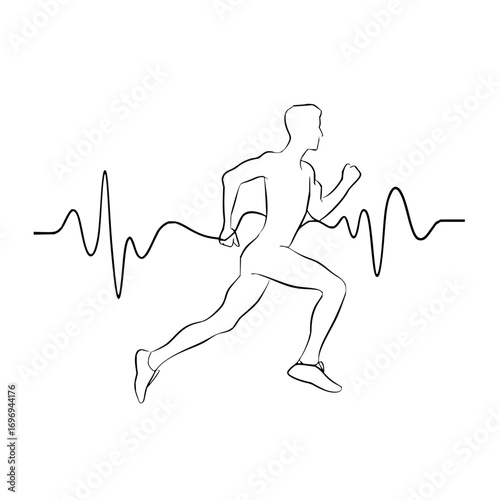 Silhouette of a running man connected to a heartbeat line in black and white simple illustration