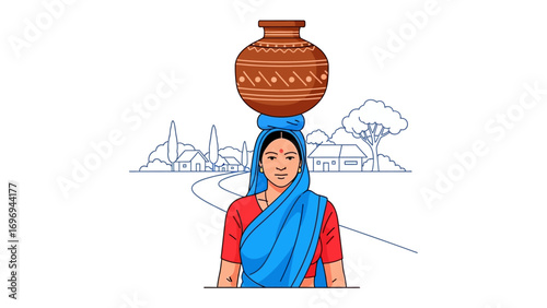 Village Woman with Water Pot: This image features a village woman gracefully balances a clay pot on her head. The serene illustration conveys themes of tradition, and rural life.